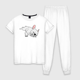 Женская пижама хлопок с принтом Французский бульдог в Белгороде, 100% хлопок | брюки и футболка прямого кроя, без карманов, на брюках мягкая резинка на поясе и по низу штанин | Тематика изображения на принте: animals | baby | bulldog | cute | dog | dreams | french bulldog | pet | puppy | белая собака | бульдог | бульдожка | домашнее животное | животные | лежать | лень | малыш | не сегодня | отдых | пес | песик | питомец | собака | собачка