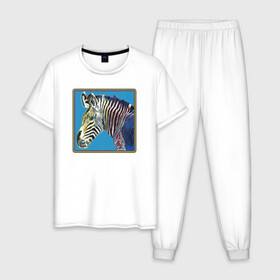 Мужская пижама хлопок с принтом Зебра Энди Уорхол в Белгороде, 100% хлопок | брюки и футболка прямого кроя, без карманов, на брюках мягкая резинка на поясе и по низу штанин
 | andrew warholaа | andy warhol | art | artist | homo universale | horse | pop art | zebra | африка | животные | зебра | искусство | конь | лошадь | поп арт | саванна | современное искусство | старые картины | уорхол | художник