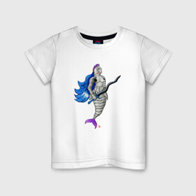 Детская футболка хлопок с принтом Русалка в доспехах в Белгороде, 100% хлопок | круглый вырез горловины, полуприлегающий силуэт, длина до линии бедер | воин | доспехи | меч | подводный мир | русалка | синеволосая