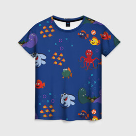 Женская футболка 3D с принтом подводный мир в Белгороде, 100% полиэфир ( синтетическое хлопкоподобное полотно) | прямой крой, круглый вырез горловины, длина до линии бедер | blue | children | fish | marine | ocean | акула | вода | детская иллюстрация | желтый | золотая рыбка | игры | красный | лето | море | морской | мультяшный | мяч | океан | осьминог | подводный | принт для детей | пузыри