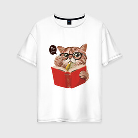 Женская футболка хлопок Oversize с принтом Умный кот в Белгороде, 100% хлопок | свободный крой, круглый ворот, спущенный рукав, длина до линии бедер
 | карандаш | книга | кот | котик | кошка | мысли | очки | пушистый | рыжий | создания | умный | ученый | чтение
