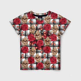 Детская футболка 3D с принтом Розы в клеточку в Белгороде, 100% гипоаллергенный полиэфир | прямой крой, круглый вырез горловины, длина до линии бедер, чуть спущенное плечо, ткань немного тянется | абстракция | паттерн | розы | текстуры | узоры | цветочки | цветы