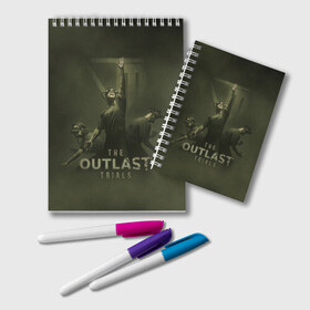 Блокнот с принтом The Outlast Trial в Белгороде, 100% бумага | 48 листов, плотность листов — 60 г/м2, плотность картонной обложки — 250 г/м2. Листы скреплены удобной пружинной спиралью. Цвет линий — светло-серый
 | Тематика изображения на принте: game | horror | outlast | апшер | аутласт | аутлэст | игра | майлз | меркоф | хоррор