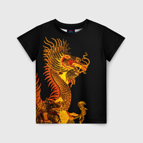 Детская футболка 3D с принтом Золотой китайский дракон в Белгороде, 100% гипоаллергенный полиэфир | прямой крой, круглый вырез горловины, длина до линии бедер, чуть спущенное плечо, ткань немного тянется | азиатский дракон | дракон | золотой | золотой азиатский дракон | золотой дракон | золотой китайский дракон | золотой японский дракон | китайский дракон | японский дракон