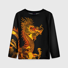 Детский лонгслив 3D с принтом Золотой китайский дракон в Белгороде, 100% полиэстер | длинные рукава, круглый вырез горловины, полуприлегающий силуэт
 | Тематика изображения на принте: азиатский дракон | дракон | золотой | золотой азиатский дракон | золотой дракон | золотой китайский дракон | золотой японский дракон | китайский дракон | японский дракон
