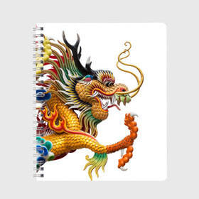 Тетрадь с принтом Желтый китайский дракон 3D в Белгороде, 100% бумага | 48 листов, плотность листов — 60 г/м2, плотность картонной обложки — 250 г/м2. Листы скреплены сбоку удобной пружинной спиралью. Уголки страниц и обложки скругленные. Цвет линий — светло-серый
 | Тематика изображения на принте: азиатский дракон | дракон | дракон 3d | дракон 3д | желтый | желтый азиатский дракон | желтый дракон | желтый китайский дракон | желтый японский дракон | золотой | золотой дракон