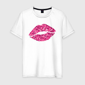 Мужская футболка хлопок с принтом Сахарный поцелуй губ в Белгороде, 100% хлопок | прямой крой, круглый вырез горловины, длина до линии бедер, слегка спущенное плечо. | блестки | блестящий | губки | губы | краски | отпечаток | поцелуй | розовый