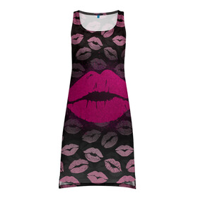 Платье-майка 3D с принтом Малиновые губы в Белгороде, 100% полиэстер | полуприлегающий силуэт, широкие бретели, круглый вырез горловины, удлиненный подол сзади. | блестки | блестящий | губки | губы | желтый | звезды | краски | отпечаток | поцелуй | розовый | сверкает