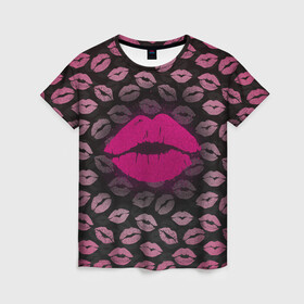 Женская футболка 3D с принтом Малиновые губы в Белгороде, 100% полиэфир ( синтетическое хлопкоподобное полотно) | прямой крой, круглый вырез горловины, длина до линии бедер | блестки | блестящий | губки | губы | желтый | звезды | краски | отпечаток | поцелуй | розовый | сверкает