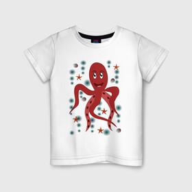 Детская футболка хлопок с принтом Осьминог в Белгороде, 100% хлопок | круглый вырез горловины, полуприлегающий силуэт, длина до линии бедер | морская живность | морское чудовище | осьминог | подводный мир | щупальца осьминога