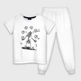Детская пижама хлопок с принтом Peace & Music в Белгороде, 100% хлопок |  брюки и футболка прямого кроя, без карманов, на брюках мягкая резинка на поясе и по низу штанин
 | Тематика изображения на принте: любовь | мир | музыка | ноты | скелет | хиппи | черно белый