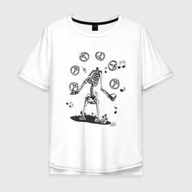 Мужская футболка хлопок Oversize с принтом Peace & Music в Белгороде, 100% хлопок | свободный крой, круглый ворот, “спинка” длиннее передней части | Тематика изображения на принте: любовь | мир | музыка | ноты | скелет | хиппи | черно белый