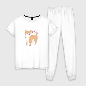 Женская пижама хлопок с принтом Сиба-Ину в Белгороде, 100% хлопок | брюки и футболка прямого кроя, без карманов, на брюках мягкая резинка на поясе и по низу штанин | домашнее животное | животное | милая собака | сердечко | сиба ину | собака