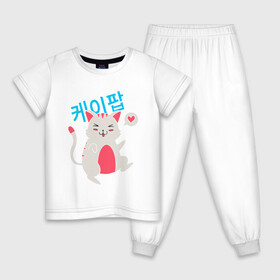 Детская пижама хлопок с принтом k pop kat в Белгороде, 100% хлопок |  брюки и футболка прямого кроя, без карманов, на брюках мягкая резинка на поясе и по низу штанин
 | Тематика изображения на принте: 3racha | bts | bts idol | exo | ikon | k pop cat | kpop | nct | stay gold | кейпоп | корейская музыка | корея | кпоп | поп