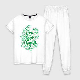 Женская пижама хлопок с принтом Peace Love Vegan в Белгороде, 100% хлопок | брюки и футболка прямого кроя, без карманов, на брюках мягкая резинка на поясе и по низу штанин | green | greenpaece | love | nature | peace | sport | vegan | yoga | веган | вегетарианец | гринпис | еда | животные | жизнь | здоровье | зеленый | йога | мир | овощи | пища | планета | природа | растение | спорт | тело | фрукты