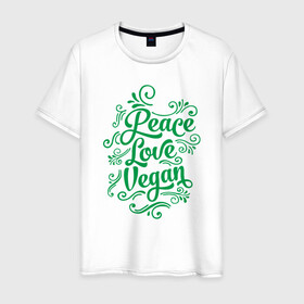 Мужская футболка хлопок с принтом Peace Love Vegan в Белгороде, 100% хлопок | прямой крой, круглый вырез горловины, длина до линии бедер, слегка спущенное плечо. | green | greenpaece | love | nature | peace | sport | vegan | yoga | веган | вегетарианец | гринпис | еда | животные | жизнь | здоровье | зеленый | йога | мир | овощи | пища | планета | природа | растение | спорт | тело | фрукты