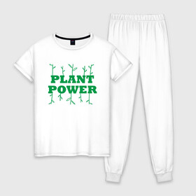 Женская пижама хлопок с принтом Plant Power в Белгороде, 100% хлопок | брюки и футболка прямого кроя, без карманов, на брюках мягкая резинка на поясе и по низу штанин | green | greenpaece | nature | sport | vegan | yoga | веган | вегетарианец | гринпис | еда | животные | жизнь | здоровье | зеленый | йога | мир | овощи | пища | планета | природа | растение | спорт | тело | фрукты