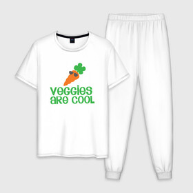 Мужская пижама хлопок с принтом Veggies Are Cool в Белгороде, 100% хлопок | брюки и футболка прямого кроя, без карманов, на брюках мягкая резинка на поясе и по низу штанин
 | Тематика изображения на принте: green | greenpaece | nature | sport | vegan | yoga | веган | вегетарианец | гринпис | еда | животные | жизнь | здоровье | зеленый | йога | мир | овощи | пища | планета | природа | растение | спорт | тело | фрукты