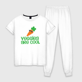 Женская пижама хлопок с принтом Veggies Are Cool в Белгороде, 100% хлопок | брюки и футболка прямого кроя, без карманов, на брюках мягкая резинка на поясе и по низу штанин | green | greenpaece | nature | sport | vegan | yoga | веган | вегетарианец | гринпис | еда | животные | жизнь | здоровье | зеленый | йога | мир | овощи | пища | планета | природа | растение | спорт | тело | фрукты