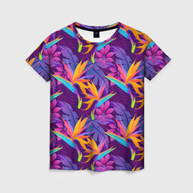 Женская футболка 3D с принтом Тропические листья в Белгороде, 100% полиэфир ( синтетическое хлопкоподобное полотно) | прямой крой, круглый вырез горловины, длина до линии бедер | абстракция | листья | паттерн | текстуры | тропики | узоры | цветы