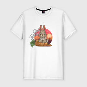 Мужская футболка хлопок Slim с принтом Sweet Bunny в Белгороде, 92% хлопок, 8% лайкра | приталенный силуэт, круглый вырез ворота, длина до линии бедра, короткий рукав | Тематика изображения на принте: закат | иллюстрация | крольченок | морковь | сладкий кролик