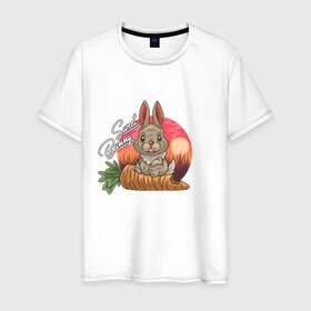 Мужская футболка хлопок с принтом Sweet Bunny в Белгороде, 100% хлопок | прямой крой, круглый вырез горловины, длина до линии бедер, слегка спущенное плечо. | Тематика изображения на принте: закат | иллюстрация | крольченок | морковь | сладкий кролик