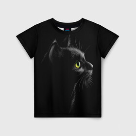 Детская футболка 3D с принтом Черный кот в Белгороде, 100% гипоаллергенный полиэфир | прямой крой, круглый вырез горловины, длина до линии бедер, чуть спущенное плечо, ткань немного тянется | взгляд | глаза | киса | киска | кот | котик | котяра | профиль | пушистый | усы