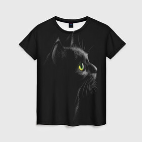 Женская футболка 3D с принтом Черный кот в Белгороде, 100% полиэфир ( синтетическое хлопкоподобное полотно) | прямой крой, круглый вырез горловины, длина до линии бедер | взгляд | глаза | киса | киска | кот | котик | котяра | профиль | пушистый | усы