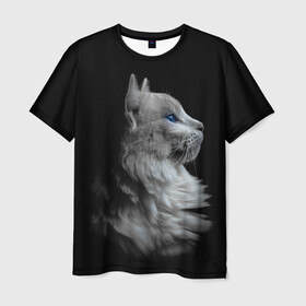 Мужская футболка 3D с принтом Голубоглазый гот в Белгороде, 100% полиэфир | прямой крой, круглый вырез горловины, длина до линии бедер | белоснежный | взгляд | глаза | голубоглазый | киса | киска | кот | котик | котяра | профиль | пушистый | усы