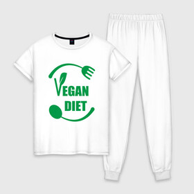 Женская пижама хлопок с принтом Vegan Diet в Белгороде, 100% хлопок | брюки и футболка прямого кроя, без карманов, на брюках мягкая резинка на поясе и по низу штанин | green | greenpaece | nature | sport | vegan | yoga | веган | вегетарианец | гринпис | диета | еда | животные | жизнь | здоровье | зеленый | йога | мир | овощи | пища | планета | природа | растение | спорт | тело | фрукты