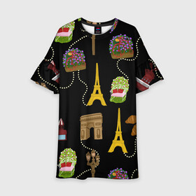 Детское платье 3D с принтом Париж в Белгороде, 100% полиэстер | прямой силуэт, чуть расширенный к низу. Круглая горловина, на рукавах — воланы | Тематика изображения на принте: paris | арка | бусы | велик | города | круассан | лето | мулен руж | париж | романтика | сладости | цветы | черный | эйфелева башня | юежевый