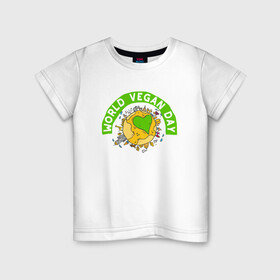 Детская футболка хлопок с принтом World Vegan Day в Белгороде, 100% хлопок | круглый вырез горловины, полуприлегающий силуэт, длина до линии бедер | Тематика изображения на принте: green | greenpaece | nature | sport | vegan | yoga | веган | вегетарианец | гринпис | еда | животные | жизнь | здоровье | зеленый | йога | мир | овощи | пища | планета | природа | растение | спорт | тело | фрукты