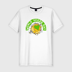 Мужская футболка хлопок Slim с принтом World Vegan Day в Белгороде, 92% хлопок, 8% лайкра | приталенный силуэт, круглый вырез ворота, длина до линии бедра, короткий рукав | Тематика изображения на принте: green | greenpaece | nature | sport | vegan | yoga | веган | вегетарианец | гринпис | еда | животные | жизнь | здоровье | зеленый | йога | мир | овощи | пища | планета | природа | растение | спорт | тело | фрукты