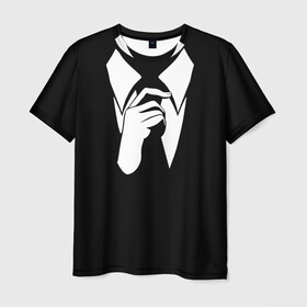 Мужская футболка 3D с принтом Смокинг | Поправляю галстук в Белгороде, 100% полиэфир | прямой крой, круглый вырез горловины, длина до линии бедер | анонимус. | галстук | люди в чёрном | минимализм | рубашка | строгость