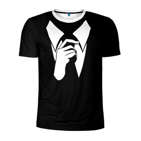 Мужская футболка 3D спортивная с принтом Смокинг | Поправляю галстук в Белгороде, 100% полиэстер с улучшенными характеристиками | приталенный силуэт, круглая горловина, широкие плечи, сужается к линии бедра | Тематика изображения на принте: анонимус. | галстук | люди в чёрном | минимализм | рубашка | строгость