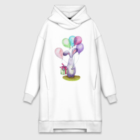 Платье-худи хлопок с принтом Зай с шариками в Белгороде,  |  | birthday | bunny | gift | lilac | pink | spring | summer | watercolor | акварель | воздушныешары | деньрождения | зайчик | подарок | праздник | розовый | сиреневый