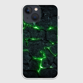 Чехол для iPhone 13 mini с принтом ЗЕЛЁНОЕ ИЗЛУЧЕНИЕ в Белгороде,  |  | иллюстрация | камни | неон | свечение | текстура | трещина | щель