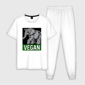 Мужская пижама хлопок с принтом Vegan Elephant в Белгороде, 100% хлопок | брюки и футболка прямого кроя, без карманов, на брюках мягкая резинка на поясе и по низу штанин
 | elephant | green | greenpaece | nature | sport | vegan | yoga | веган | вегетарианец | гринпис | еда | животные | жизнь | здоровье | зеленый | йога | мир | овощи | пища | планета | природа | растение | слон | спорт | тело | фрукты