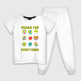 Детская пижама хлопок с принтом Vegan For Everything в Белгороде, 100% хлопок |  брюки и футболка прямого кроя, без карманов, на брюках мягкая резинка на поясе и по низу штанин
 | Тематика изображения на принте: green | greenpaece | nature | sport | vegan | yoga | веган | вегетарианец | гринпис | еда | животные | жизнь | здоровье | зеленый | йога | мир | овощи | пища | планета | природа | растение | спорт | тело | фрукты