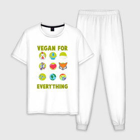 Мужская пижама хлопок с принтом Vegan For Everything в Белгороде, 100% хлопок | брюки и футболка прямого кроя, без карманов, на брюках мягкая резинка на поясе и по низу штанин
 | green | greenpaece | nature | sport | vegan | yoga | веган | вегетарианец | гринпис | еда | животные | жизнь | здоровье | зеленый | йога | мир | овощи | пища | планета | природа | растение | спорт | тело | фрукты