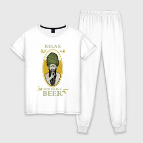 Женская пижама хлопок с принтом Relax в Белгороде, 100% хлопок | брюки и футболка прямого кроя, без карманов, на брюках мягкая резинка на поясе и по низу штанин | beer | drink | genie | джинн | медитация | релакс | хмель
