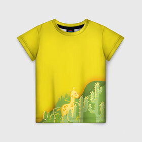 Детская футболка 3D с принтом Милый жираф в кактусах в Белгороде, 100% гипоаллергенный полиэфир | прямой крой, круглый вырез горловины, длина до линии бедер, чуть спущенное плечо, ткань немного тянется | животные | жираф | кактусы | лето | листва | милые | мультик | солнечный | яркий
