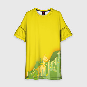 Детское платье 3D с принтом Милый жираф в кактусах в Белгороде, 100% полиэстер | прямой силуэт, чуть расширенный к низу. Круглая горловина, на рукавах — воланы | Тематика изображения на принте: животные | жираф | кактусы | лето | листва | милые | мультик | солнечный | яркий
