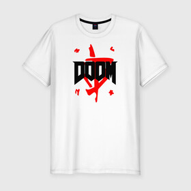 Мужская футболка хлопок Slim с принтом DOOM (2 ЛОГО) в Белгороде, 92% хлопок, 8% лайкра | приталенный силуэт, круглый вырез ворота, длина до линии бедра, короткий рукав | doom | doom eternal | doom monster | eternal | дум | дуум