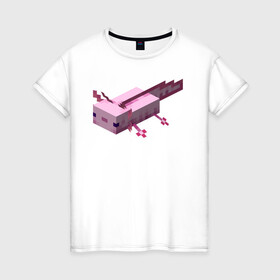 Женская футболка хлопок с принтом Аксолотль | Axolotl в Белгороде, 100% хлопок | прямой крой, круглый вырез горловины, длина до линии бедер, слегка спущенное плечо | Тематика изображения на принте: minecraft | аксолотль | морское животное | розовый | рыба