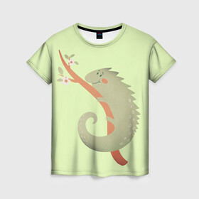 Женская футболка 3D с принтом Хамелеон  в Белгороде, 100% полиэфир ( синтетическое хлопкоподобное полотно) | прямой крой, круглый вырез горловины, длина до линии бедер | хамелеон | хамелеон на ветке | хамелеон на дереве | хамелеон на палке | хамелеон с цветами | хамелеоны
