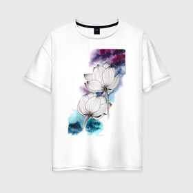 Женская футболка хлопок Oversize с принтом Лотосы и космос в Белгороде, 100% хлопок | свободный крой, круглый ворот, спущенный рукав, длина до линии бедер
 | акварель | галактика | графика | звезды | космос | лотосы | цветы