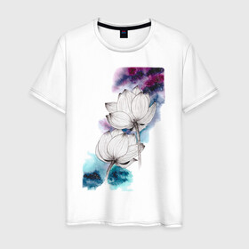 Мужская футболка хлопок с принтом Лотосы и космос в Белгороде, 100% хлопок | прямой крой, круглый вырез горловины, длина до линии бедер, слегка спущенное плечо. | акварель | галактика | графика | звезды | космос | лотосы | цветы