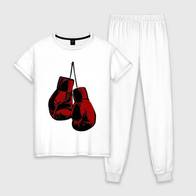 Женская пижама хлопок с принтом Боксерские перчатки в Белгороде, 100% хлопок | брюки и футболка прямого кроя, без карманов, на брюках мягкая резинка на поясе и по низу штанин | boxing | gloves | боевые искусства | бокс | день бокса | спорт