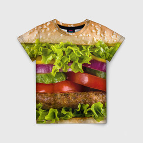 Детская футболка 3D с принтом Бургер в Белгороде, 100% гипоаллергенный полиэфир | прямой крой, круглый вырез горловины, длина до линии бедер, чуть спущенное плечо, ткань немного тянется | Тематика изображения на принте: биг мак | бигмак | бургер | мясо | салат | чизбургер
